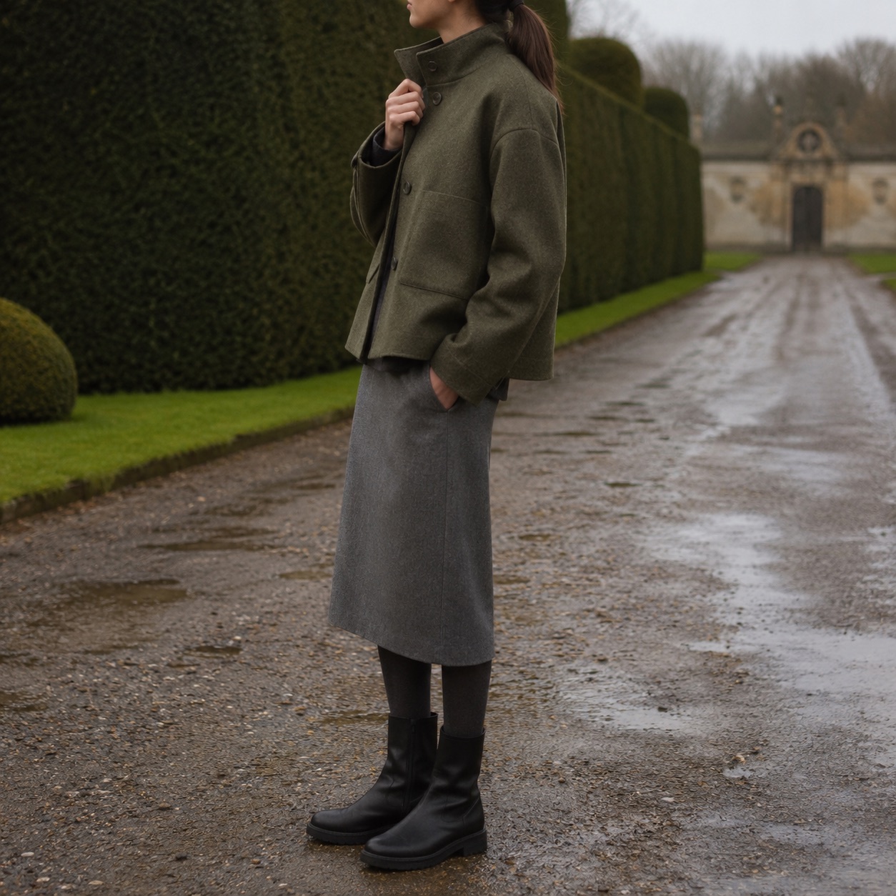 Fernhollow boxy wool overshirt jacket — Short Wool Jackets by MASO. worn by a model, side view.