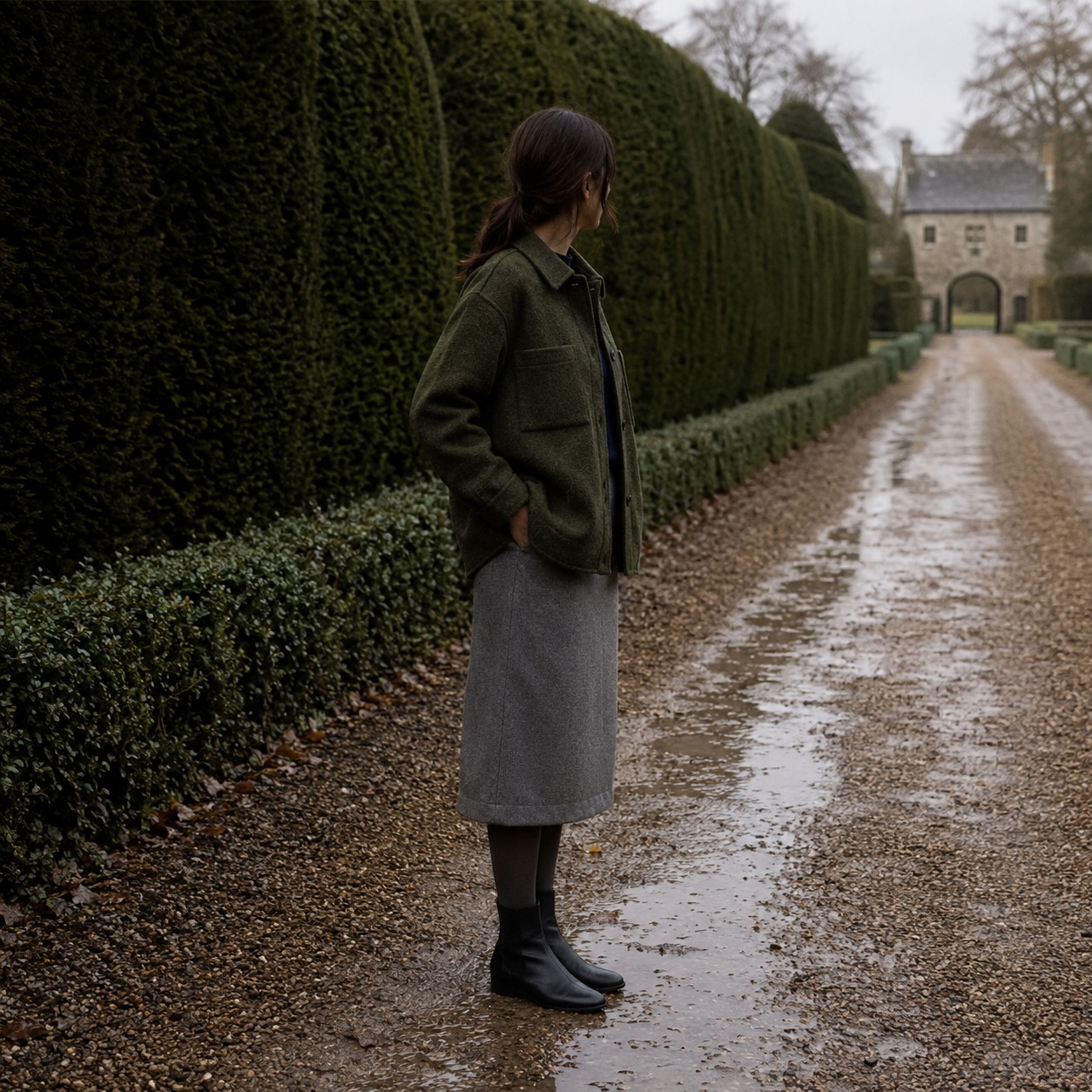 Pentlow boxy wool overshirt jacket — Short Wool Jackets by MASO. worn by a model, side view.