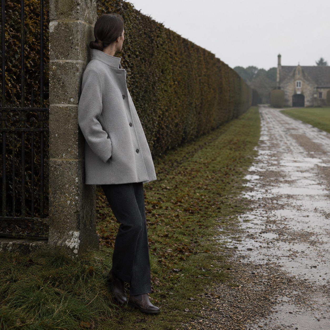 Kestrel short wool car coat — Short Wool Jackets by MASO. worn by a model, side view.