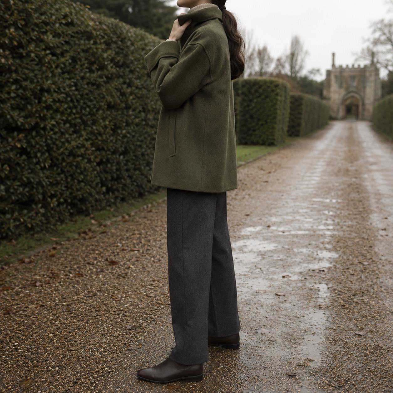 Ravenscourt short wool car coat — Short Wool Jackets by MASO. worn by a model, side view.