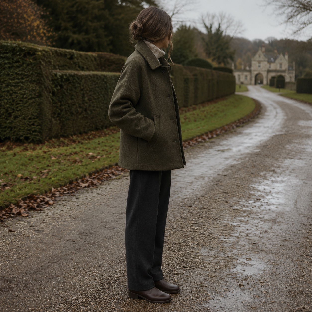 Wildersham short wool car coat — Short Wool Jackets by MASO. worn by a model, side view.