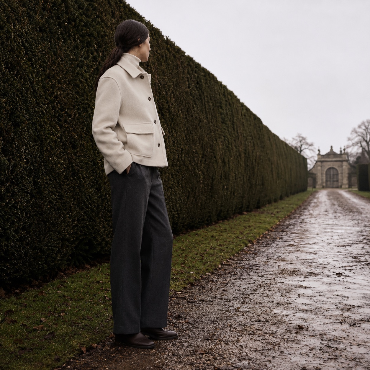 Rookery boxy wool overshirt jacket — Short Wool Jackets by MASO. worn by a model, side view.