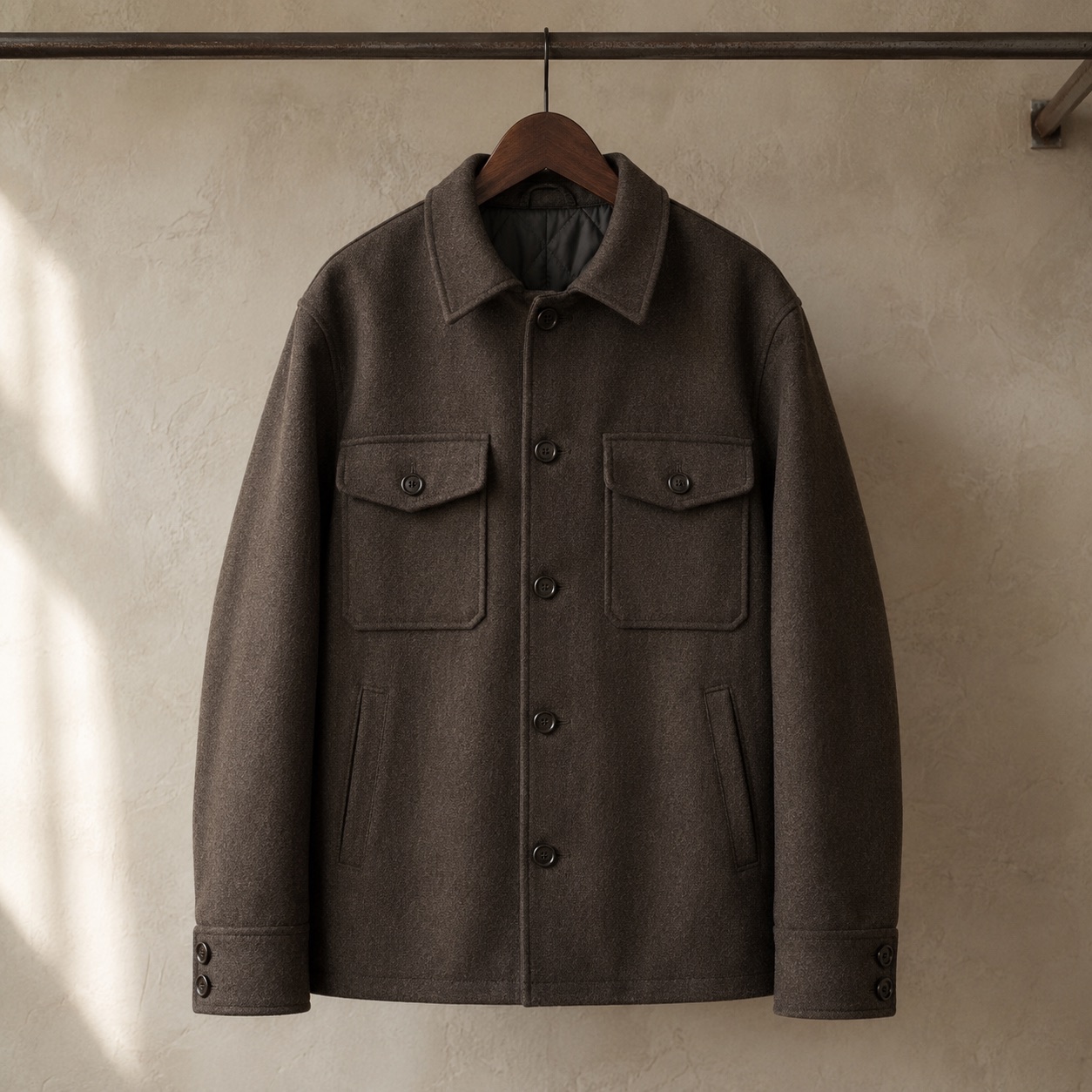 Stonebridge boxy wool overshirt jacket — Short Wool Jackets by MASO. product photograph on a white background.