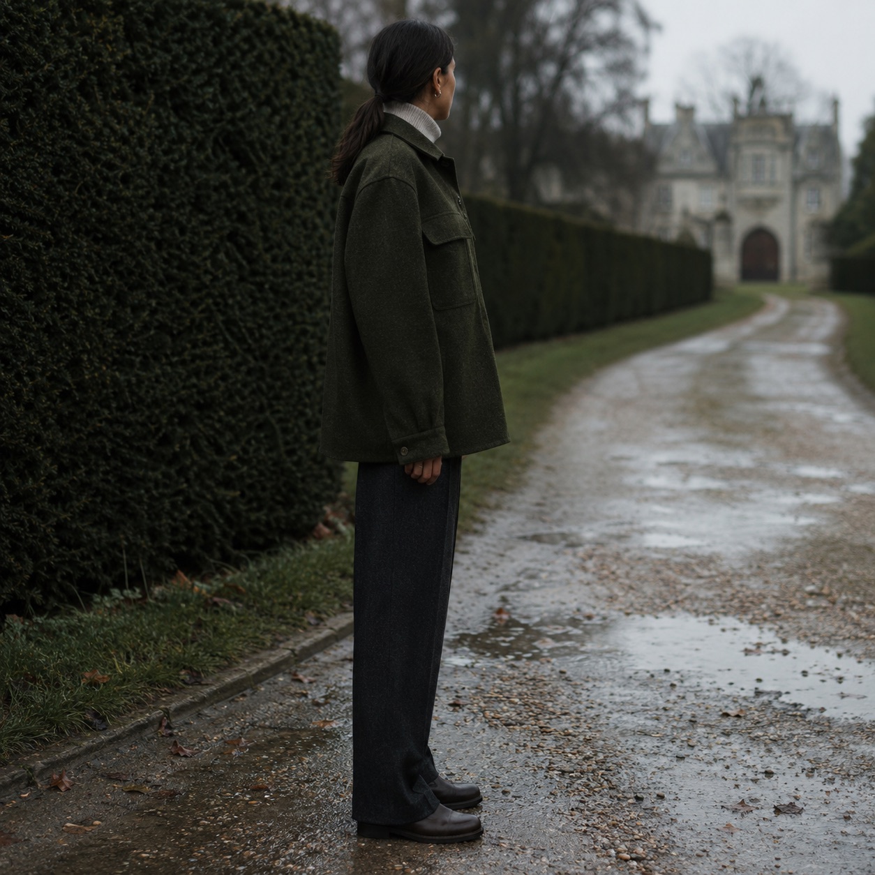 Stonebridge boxy wool overshirt jacket — Short Wool Jackets by MASO. worn by a model, side view.