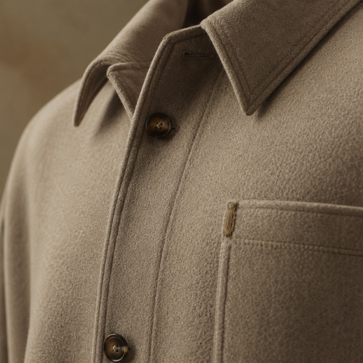 Thornleigh boxy wool overshirt jacket — Short Wool Jackets by MASO. close detail of the fabric and finish.
