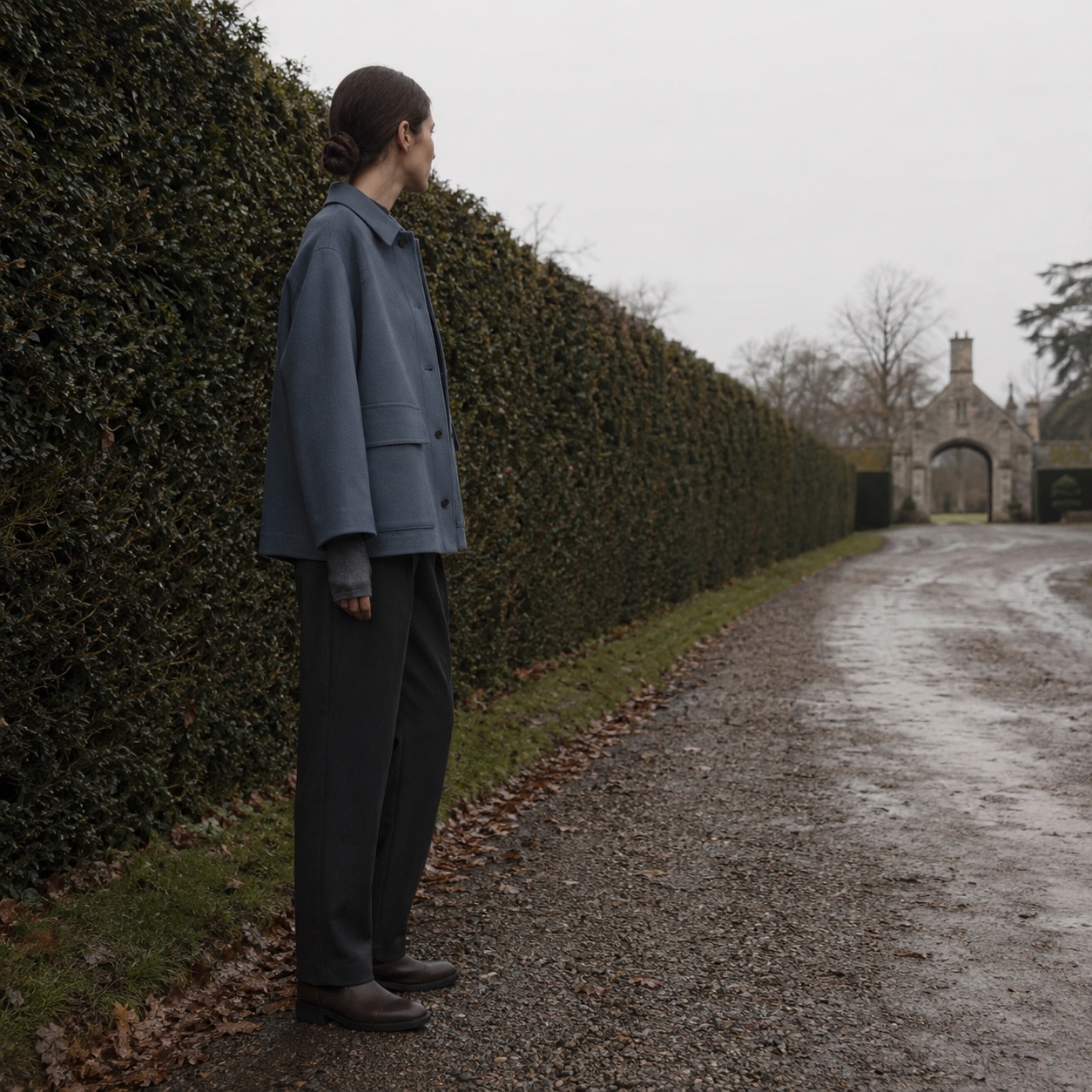 Thornleigh boxy wool overshirt jacket — Short Wool Jackets by MASO. worn by a model, side view.