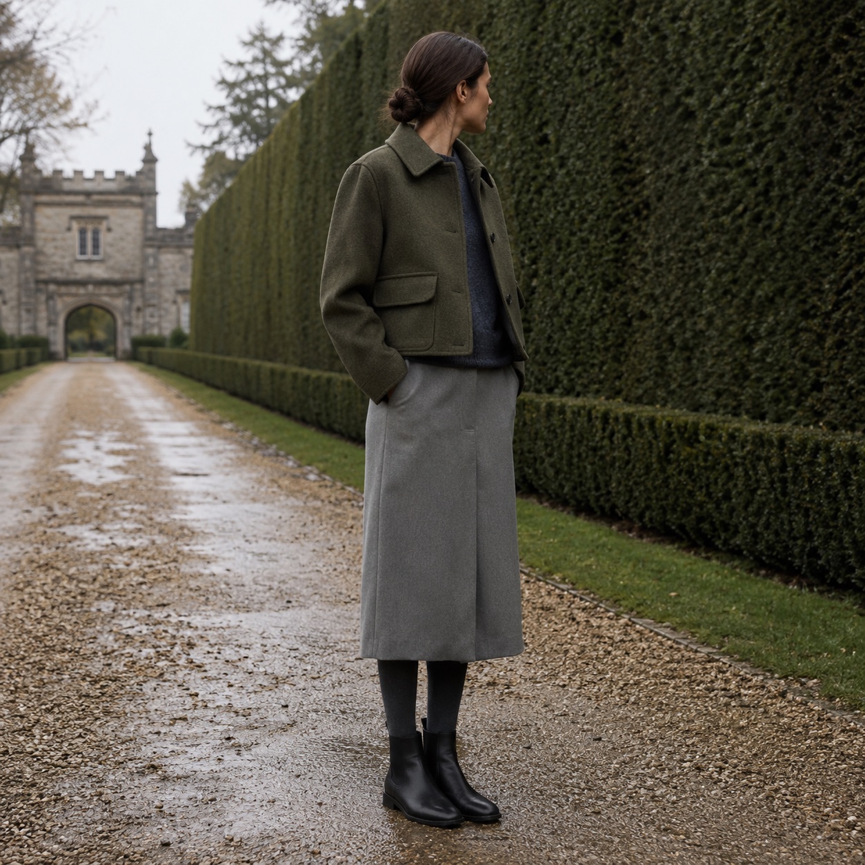 Bramwell cropped wool blouson — Short Wool Jackets by MASO. worn by a model, side view.