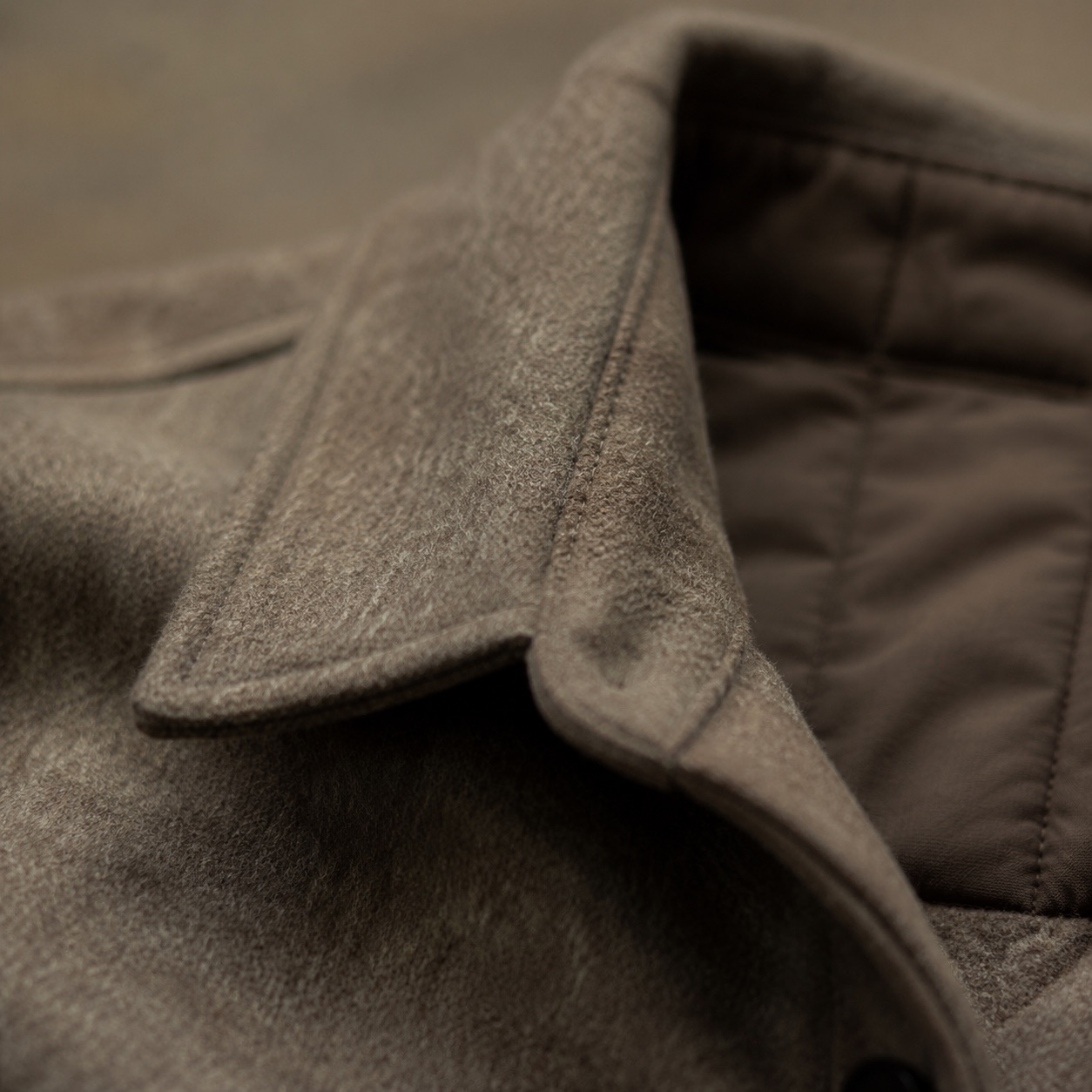 Hollowfield boxy wool overshirt jacket — Short Wool Jackets by MASO. close detail of the fabric and finish.