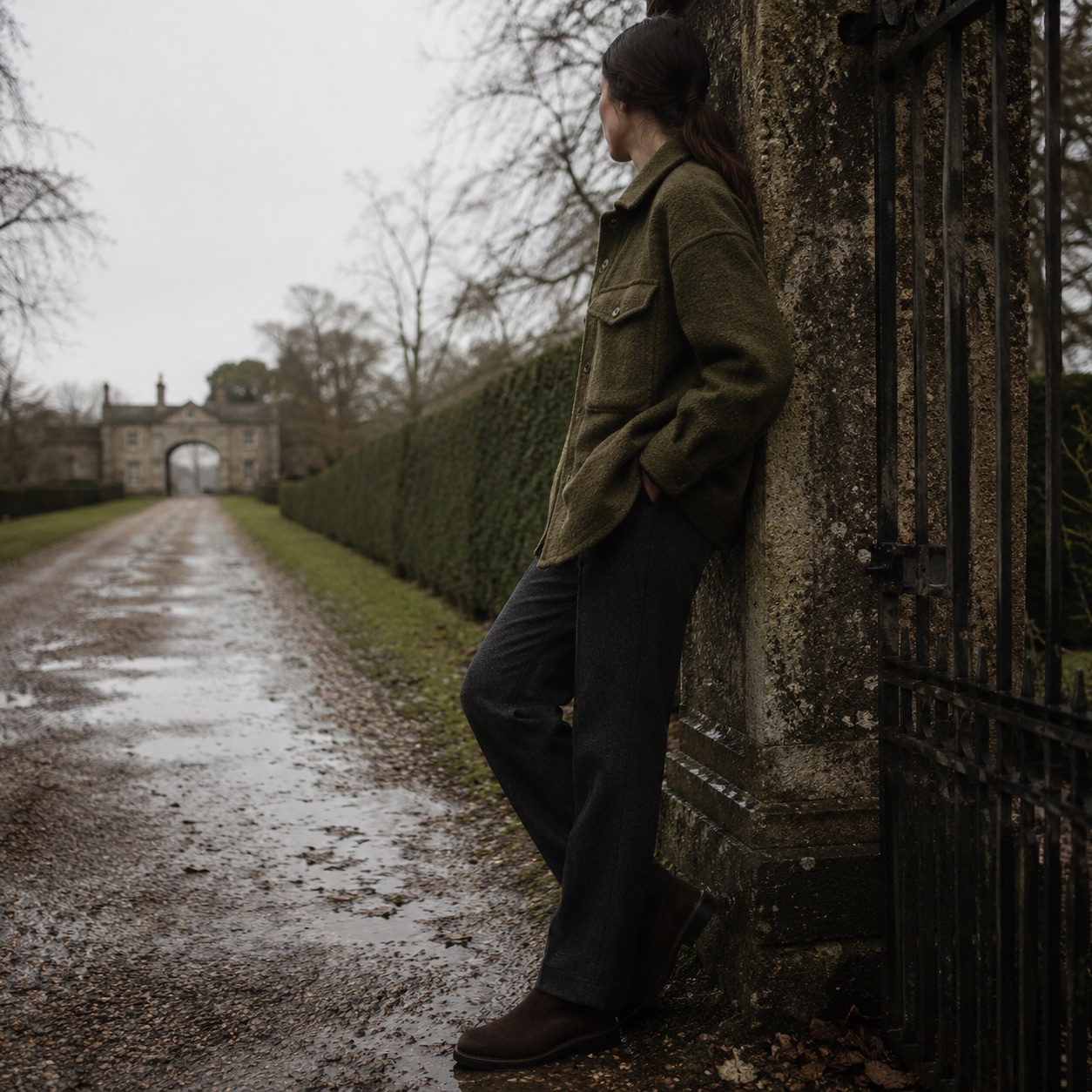 Hollowfield boxy wool overshirt jacket — Short Wool Jackets by MASO. worn by a model, side view.