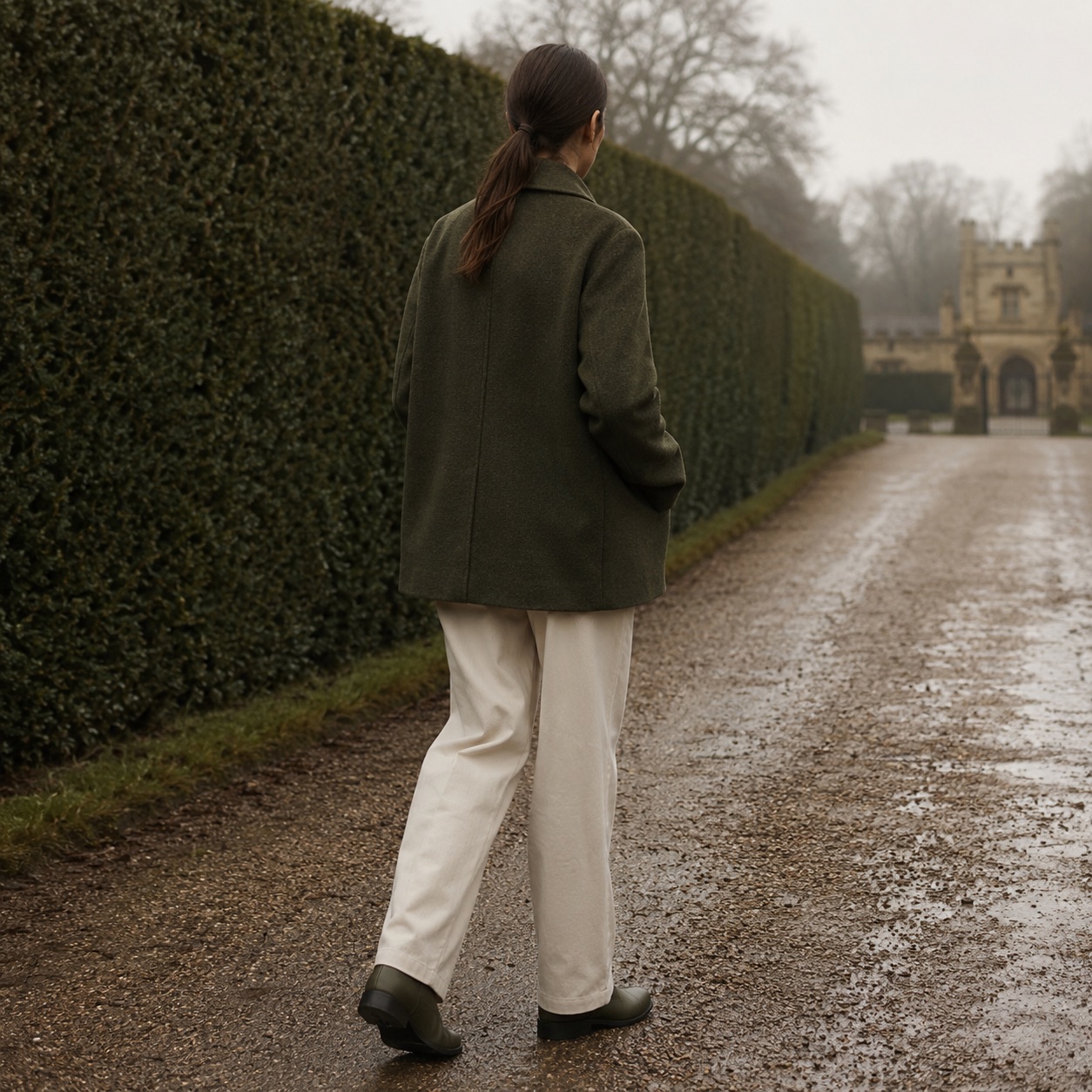 Windrush short wool car coat — Short Wool Jackets by MASO. worn by a model, side view.