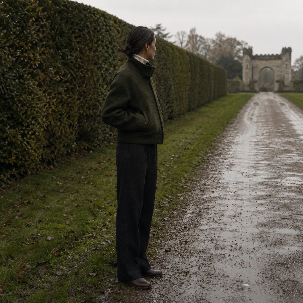 Elderwood cropped wool blouson — Short Wool Jackets by MASO. worn by a model, side view.