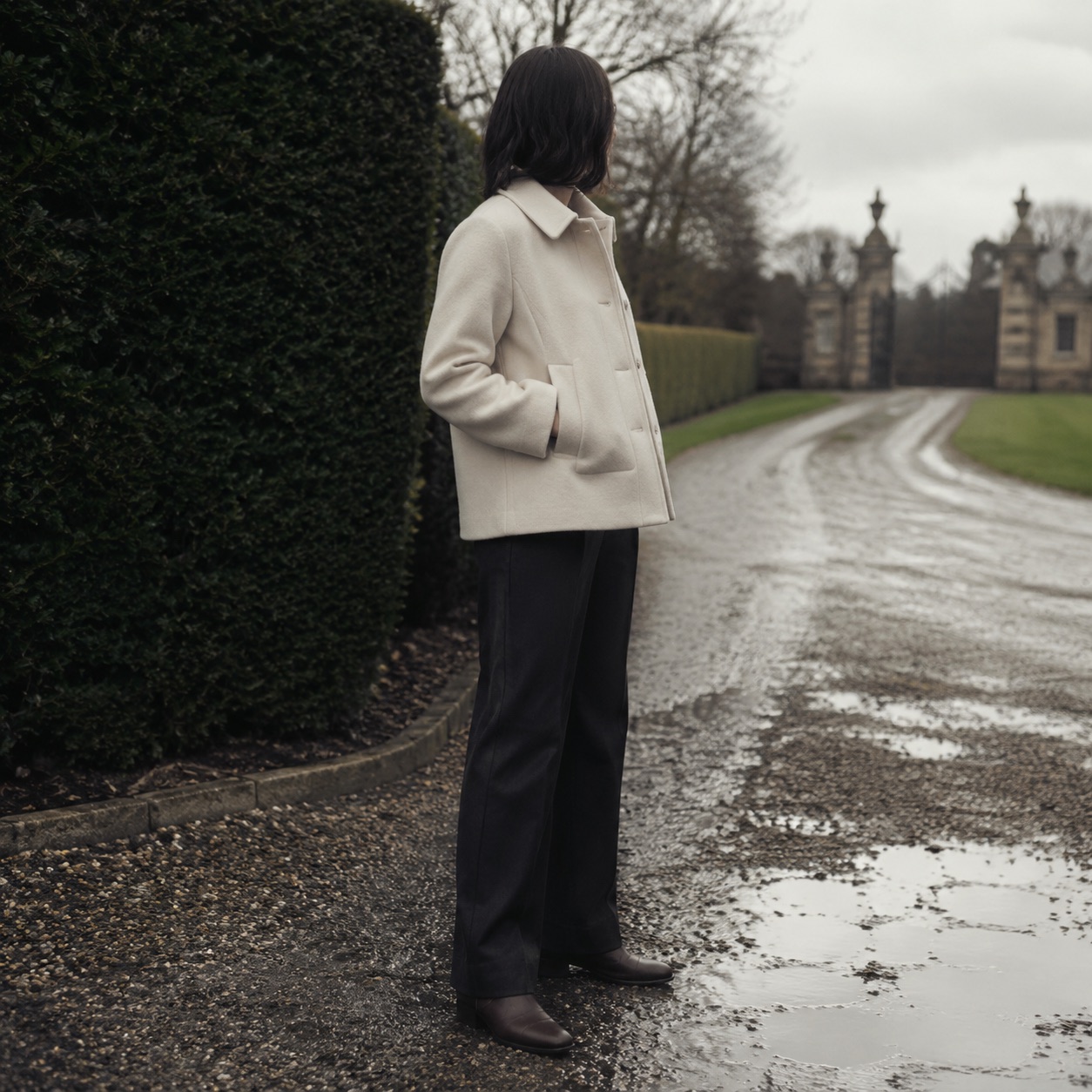Cotswold short wool car coat — Short Wool Jackets by MASO. worn by a model, side view.