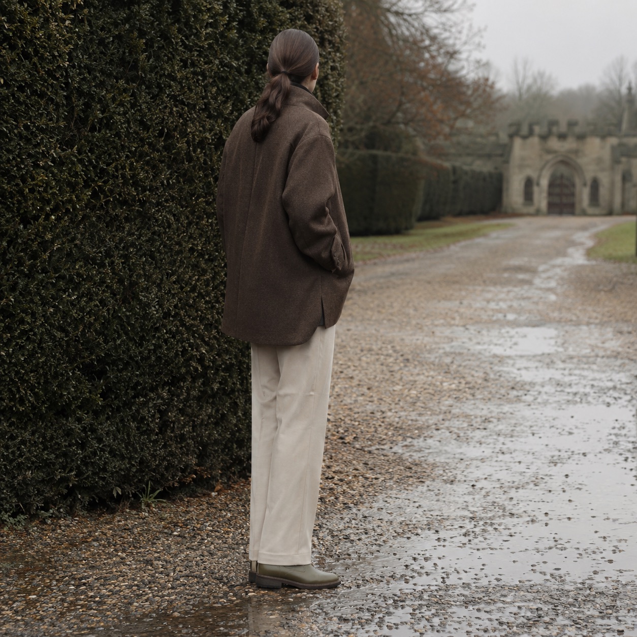 Ashcombe boxy wool overshirt jacket — Short Wool Jackets by MASO. worn by a model, side view.