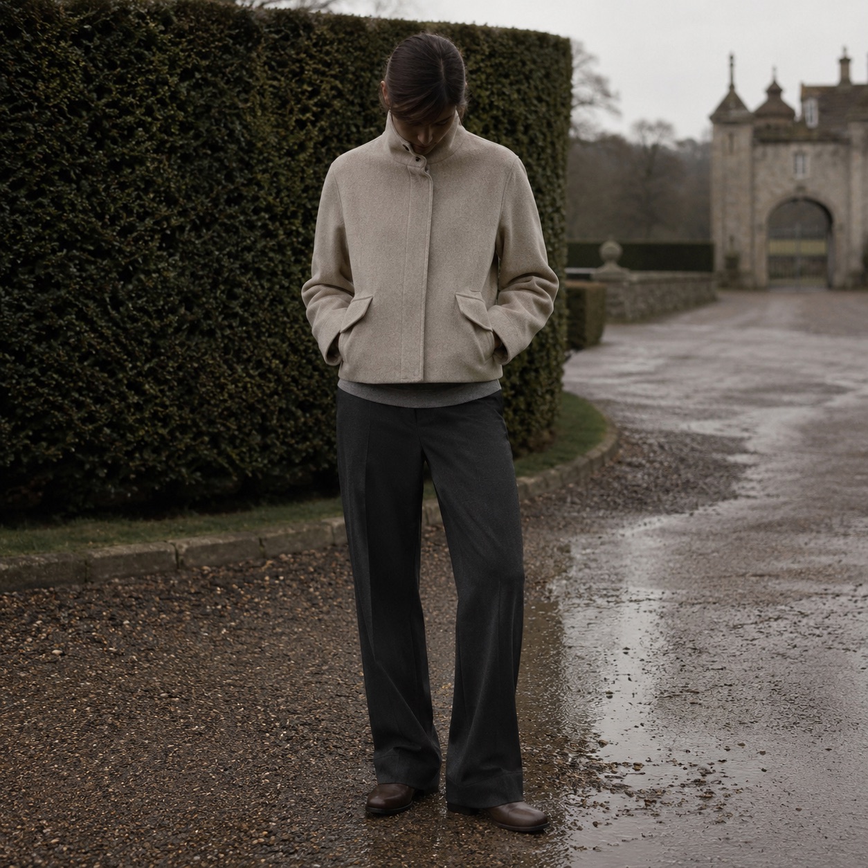 Mossgate cropped wool blouson — Short Wool Jackets by MASO. worn by a model.