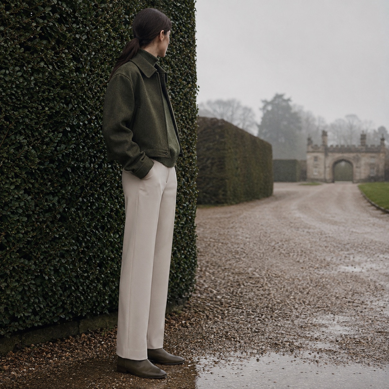 Marlowe cropped wool blouson — Short Wool Jackets by MASO. worn by a model, side view.