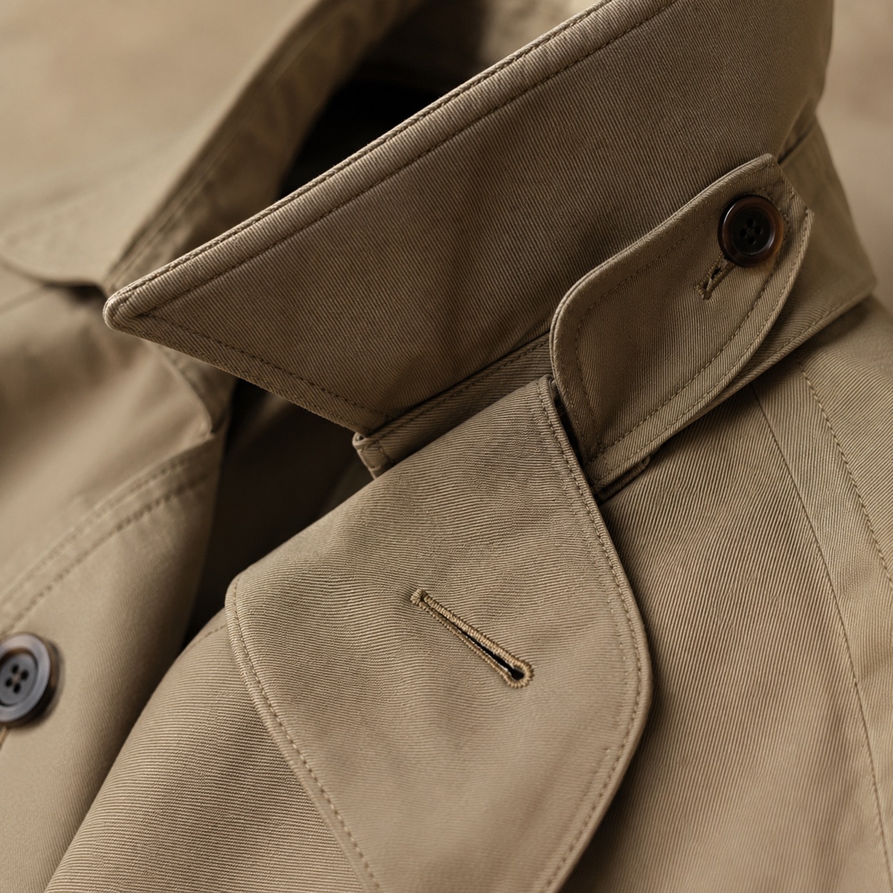 Marlowe classic belted trench — Trench Coats by MASO. close detail of the fabric and finish.