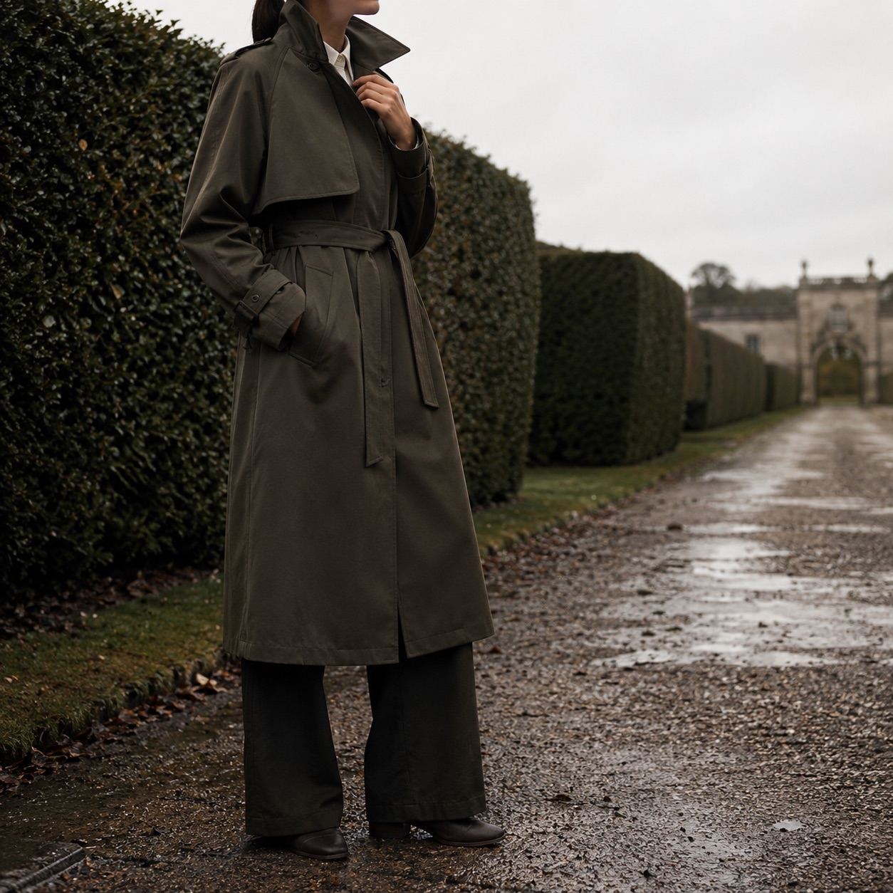 Marlowe classic belted trench — Trench Coats by MASO. worn by a model, side view.
