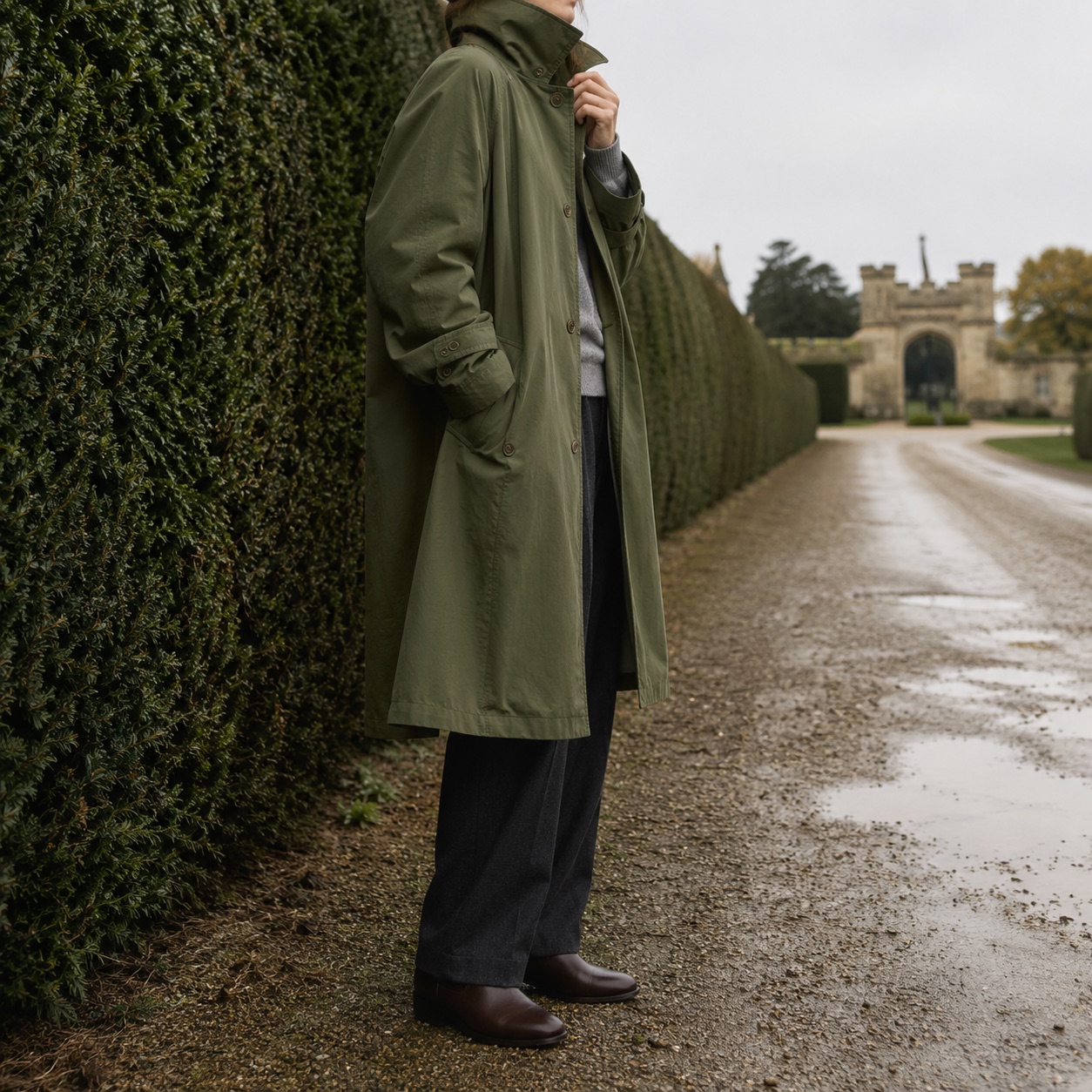 Stonebridge unlined cotton trench — Trench Coats by MASO. worn by a model, side view.