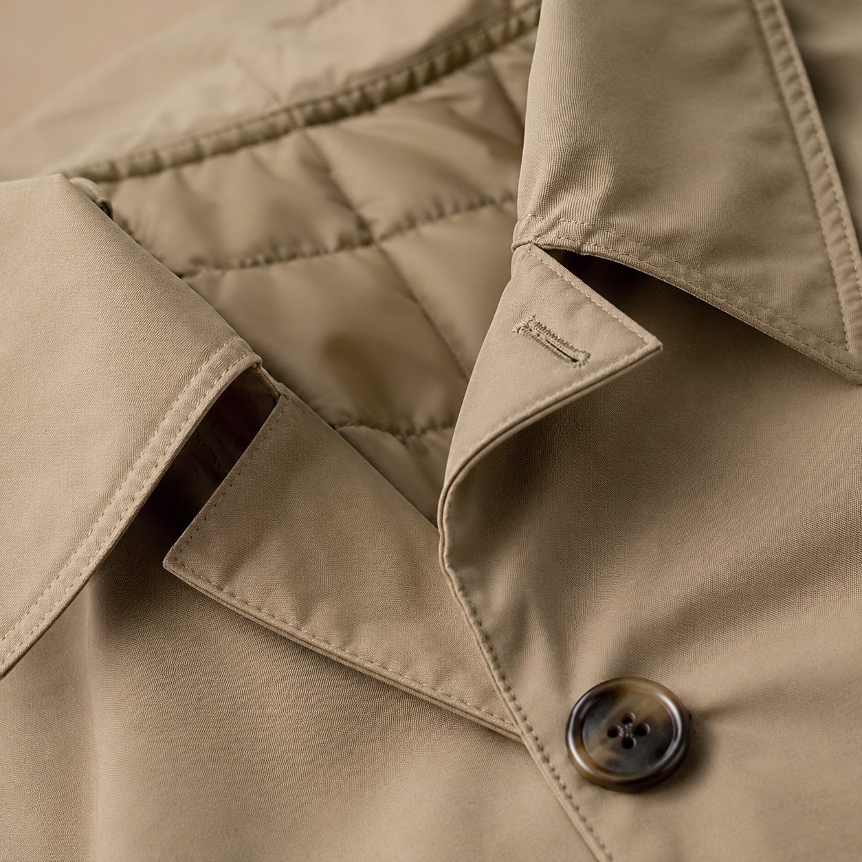 Windrush short raglan trench — Trench Coats by MASO. close detail of the fabric and finish.