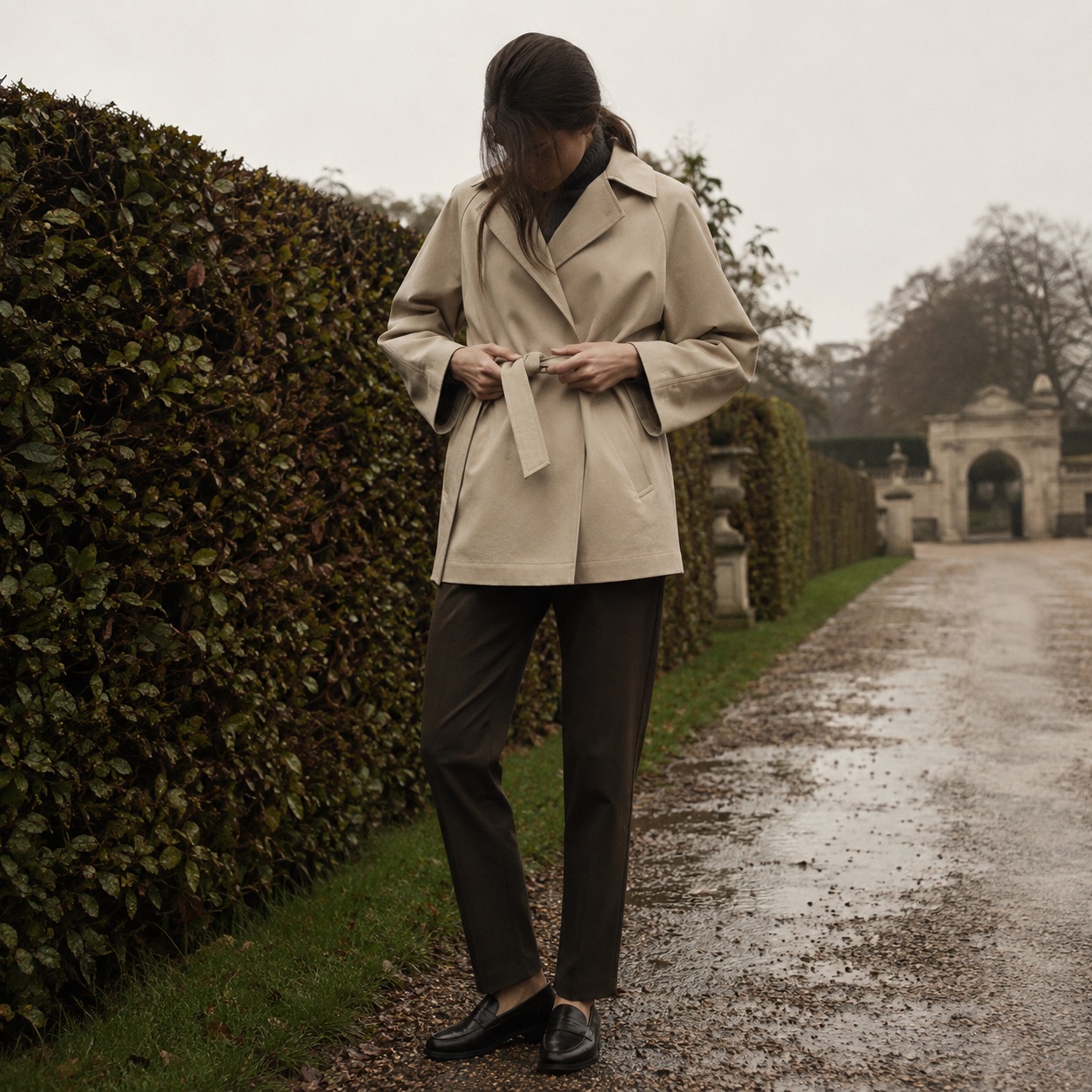 Windrush short raglan trench — Trench Coats by MASO. worn by a model.