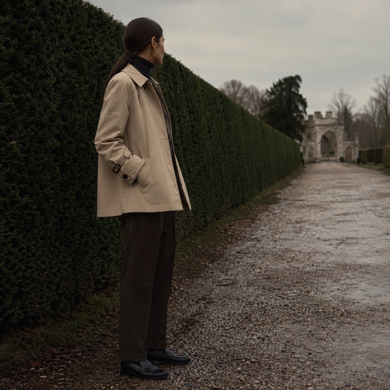 Windrush short raglan trench — Trench Coats by MASO. worn by a model, side view.