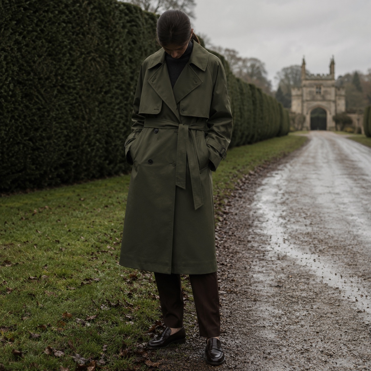 Cotswold short raglan trench — Trench Coats by MASO. worn by a model.