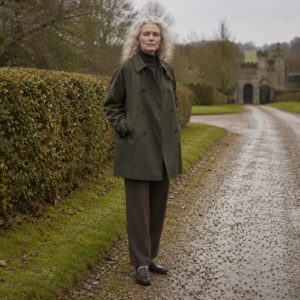 MASO Bramwell short raglan trench (Trench Coats) — worn, front.
