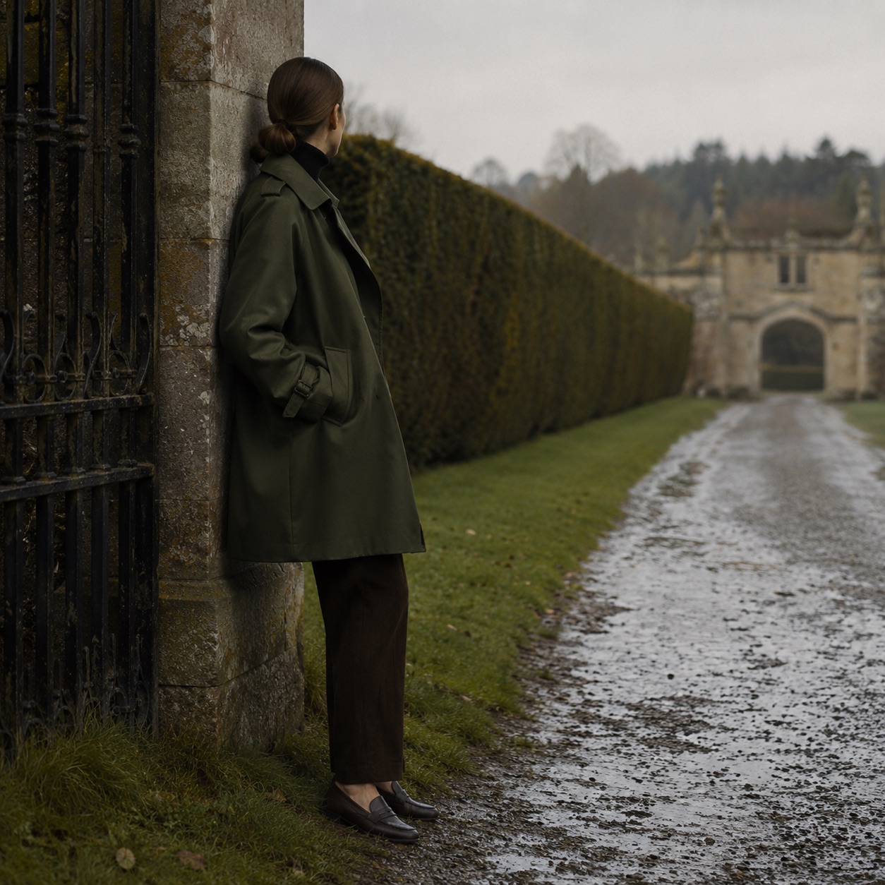 Cotswold short raglan trench — Trench Coats by MASO. worn by a model, side view.