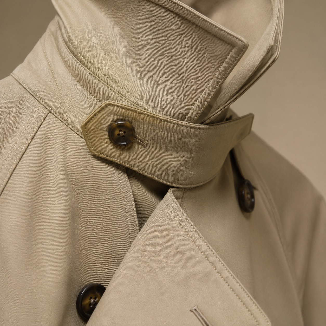 Elderwood classic belted trench — Trench Coats by MASO. close detail of the fabric and finish.