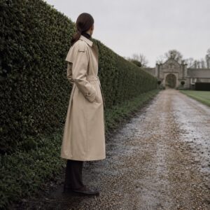 Elderwood classic belted trench — Trench Coats by MASO. worn by a model.