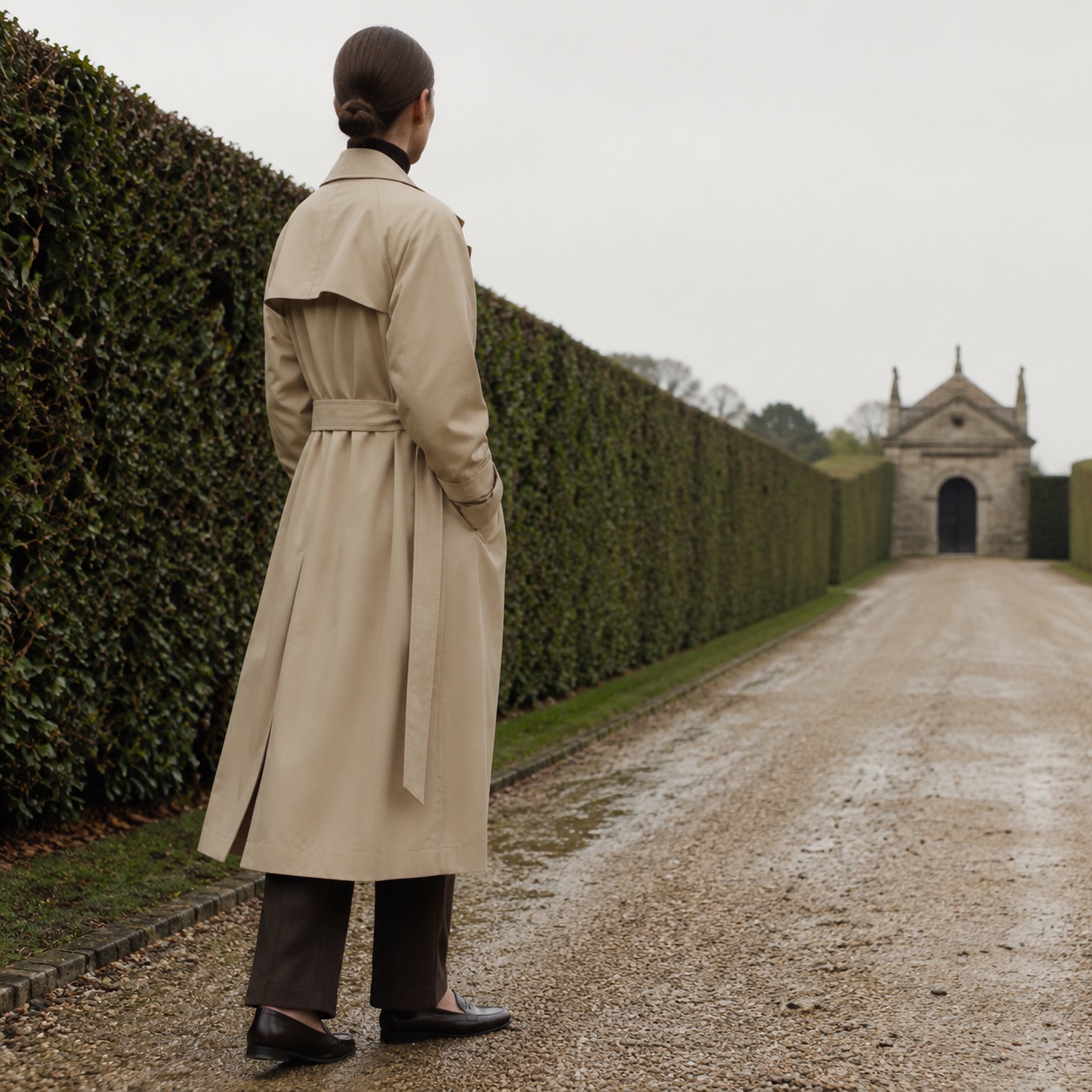 Elderwood classic belted trench — Trench Coats by MASO. worn by a model, side view.