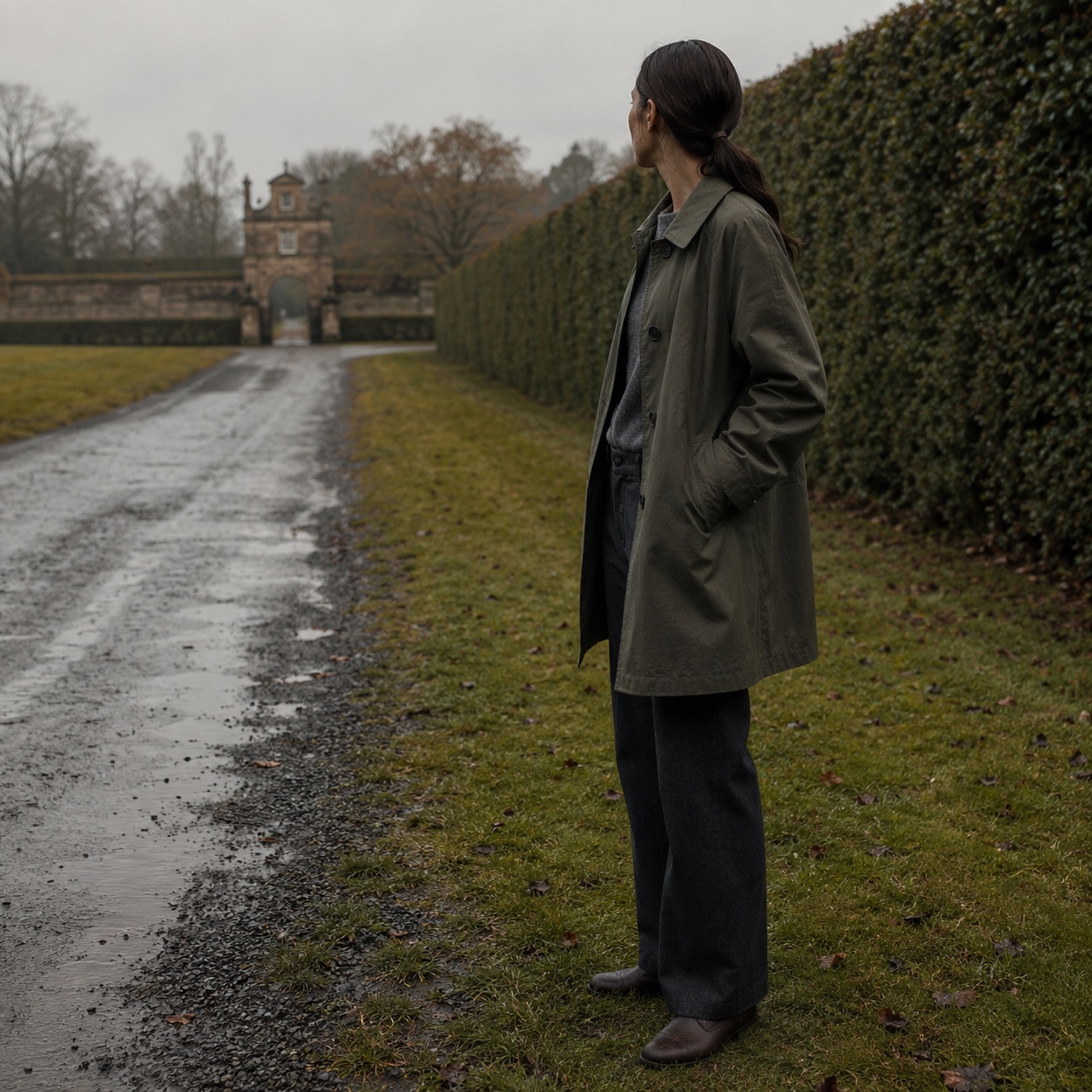 Wildersham short raglan trench — Trench Coats by MASO. worn by a model, side view.