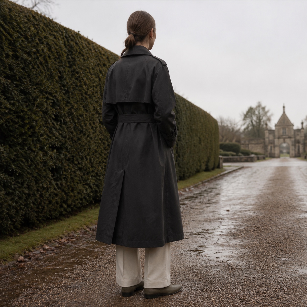 Bramwell classic belted trench — Trench Coats by MASO. worn by a model, side view.