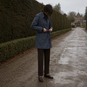 Pentlow short raglan trench — Trench Coats by MASO. worn by a model.