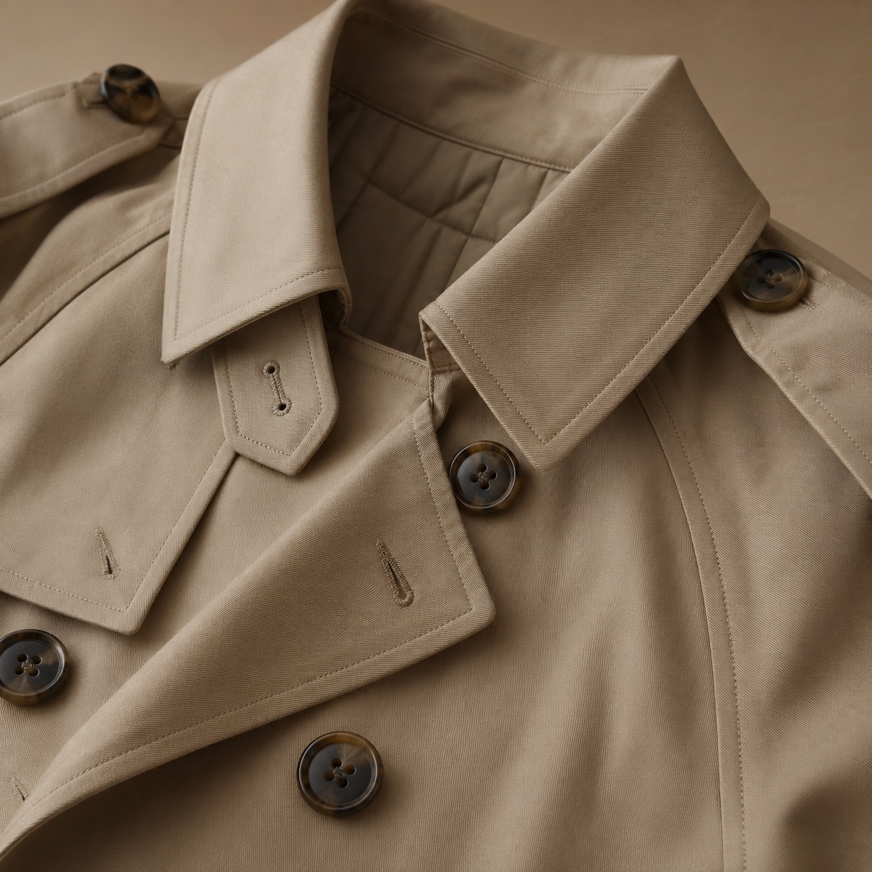 Oatlands classic belted trench — Trench Coats by MASO. close detail of the fabric and finish.