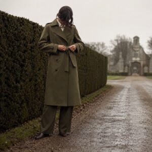 Oatlands classic belted trench — Trench Coats by MASO. worn by a model.
