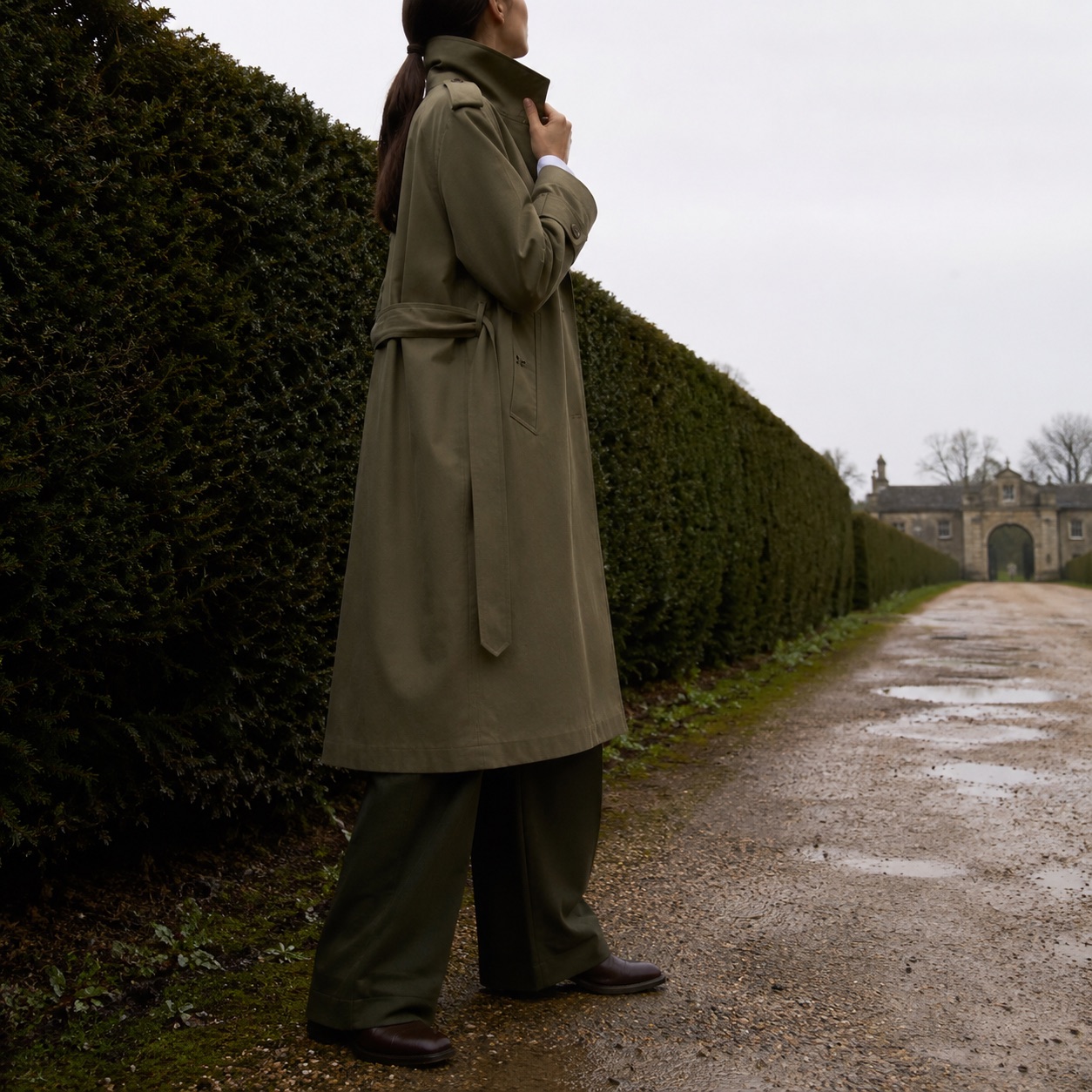 Oatlands classic belted trench — Trench Coats by MASO. worn by a model, side view.