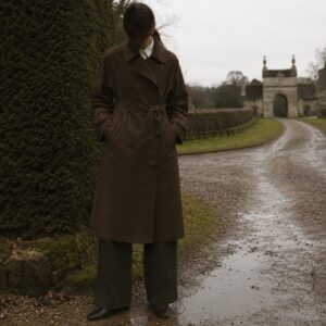 Kestrel short raglan trench — Trench Coats by MASO. worn by a model.