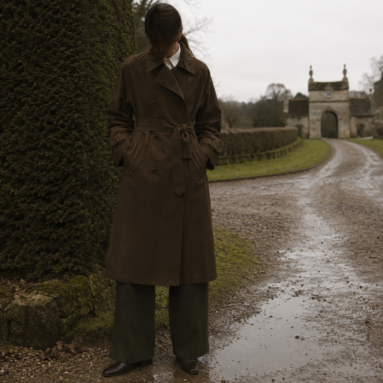 Kestrel short raglan trench — Trench Coats by MASO. worn by a model.