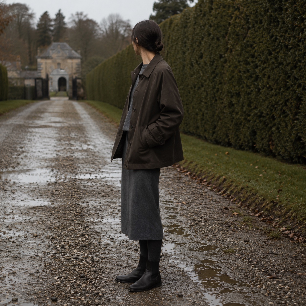 Kestrel short raglan trench — Trench Coats by MASO. worn by a model, side view.