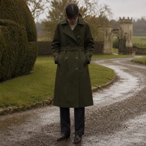Thornleigh short raglan trench — Trench Coats by MASO. worn by a model.