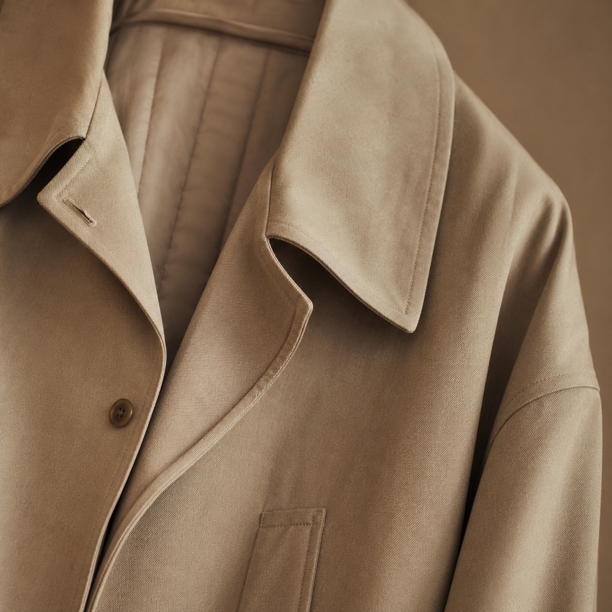 Blackthorn unlined cotton trench — Trench Coats by MASO. close detail of the fabric and finish.