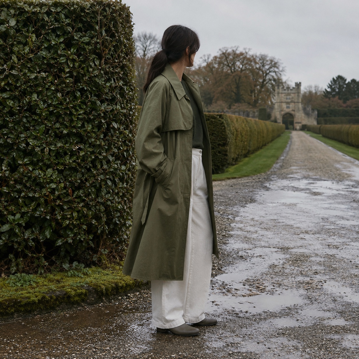 Fernhollow unlined cotton trench — Trench Coats by MASO. worn by a model, side view.