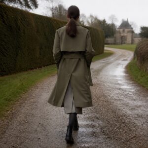 Marlowe short raglan trench — Trench Coats by MASO. worn by a model.