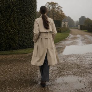 Stonebridge short raglan trench — Trench Coats by MASO. worn by a model.