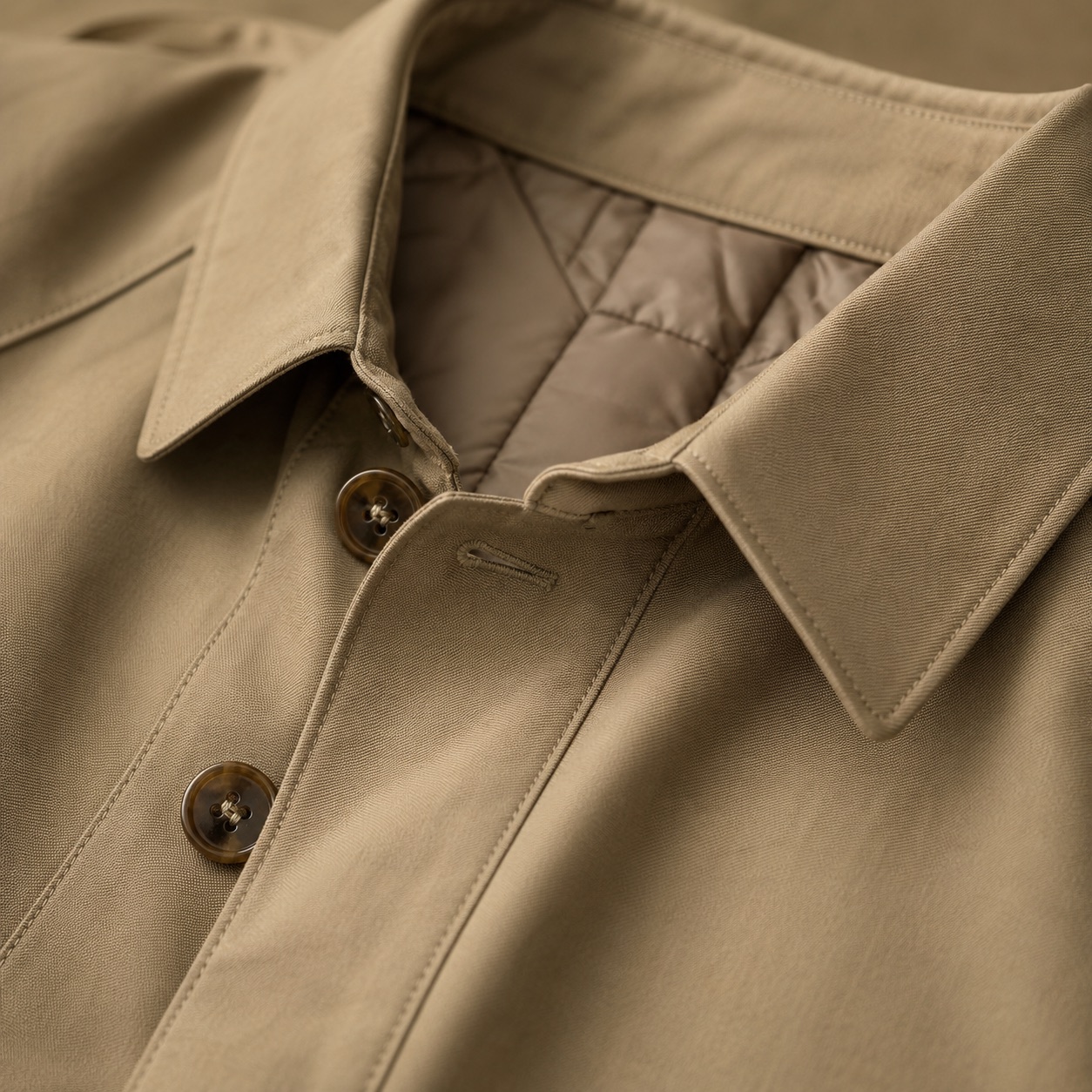 Windrush short raglan trench — Trench Coats by MASO. close detail of the fabric and finish.