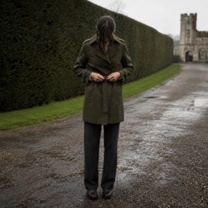 Windrush short raglan trench — Trench Coats by MASO. worn by a model.