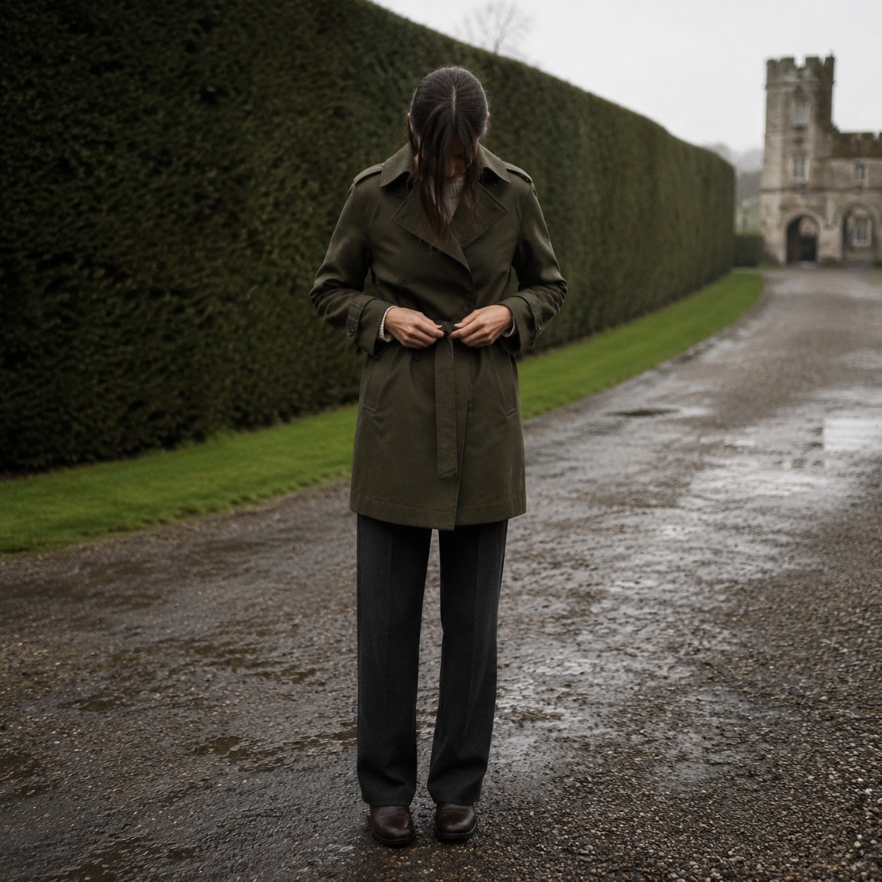 Windrush short raglan trench — Trench Coats by MASO. worn by a model.