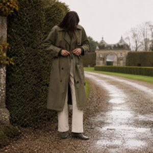 Mossgate unlined cotton trench — Trench Coats by MASO. worn by a model.
