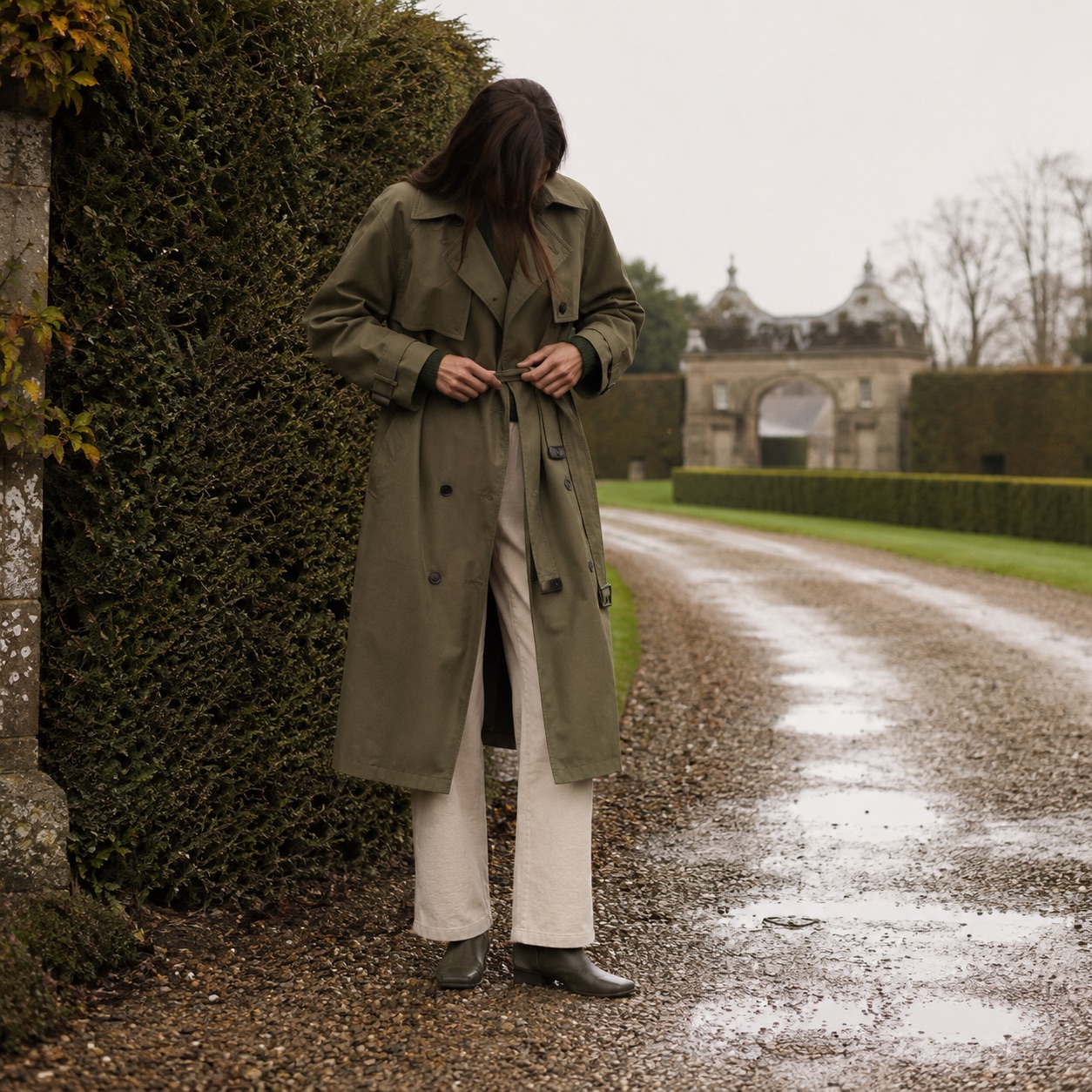 Mossgate unlined cotton trench — Trench Coats by MASO. worn by a model.